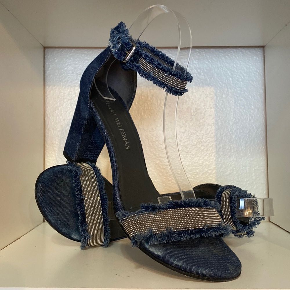 Stuart Weitzman Denim Chaingang Heel Open Toe Ankle Strap Sandals
